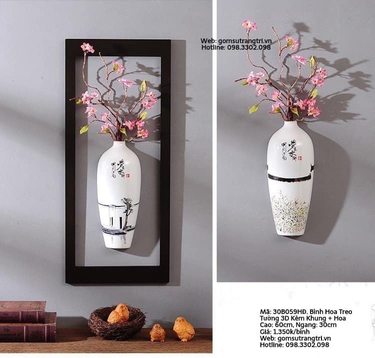 BÌNH HOA TREO TƯỜNG 3D KÈM KHUNG + HOA